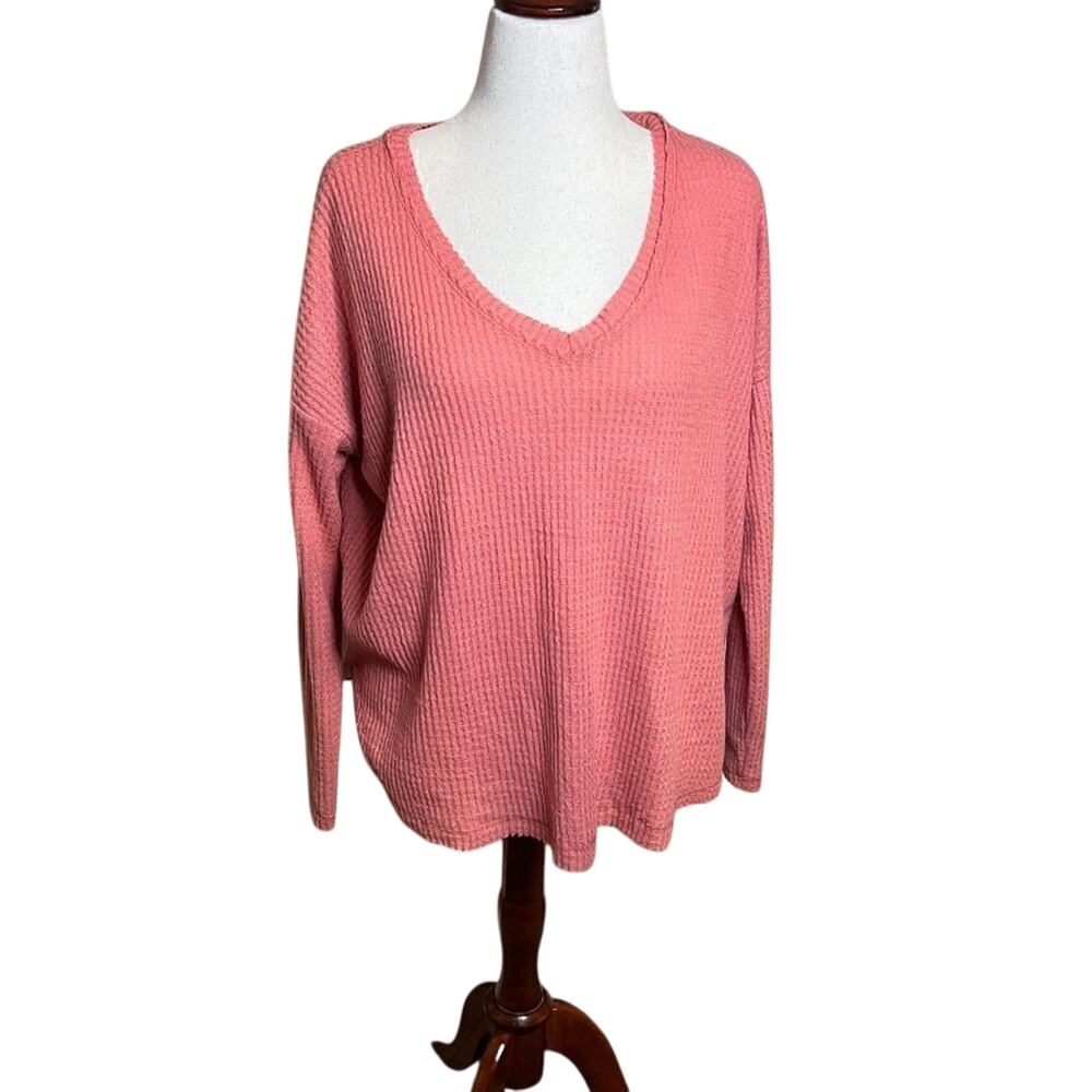Wild Fable waffle weave long sleeve top with raw edge hem peach Sz Med NWT